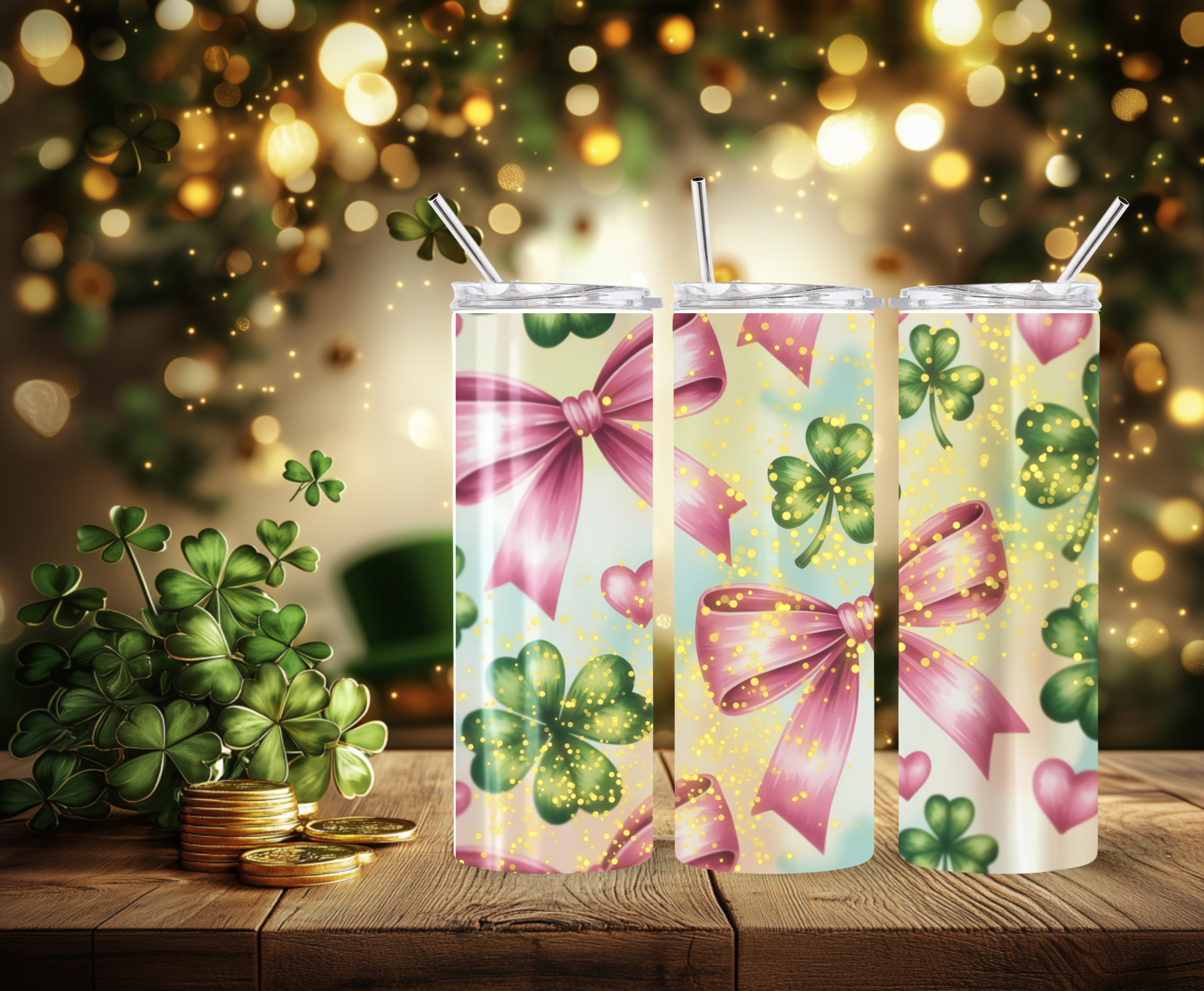 Pink Bow & Shamrock Glitter Tumbler